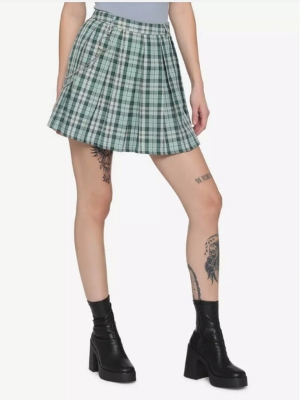 Hot Topic Green Plaid Pleated Chain Mini Skirt Green Women's L NEW Preppy Punk